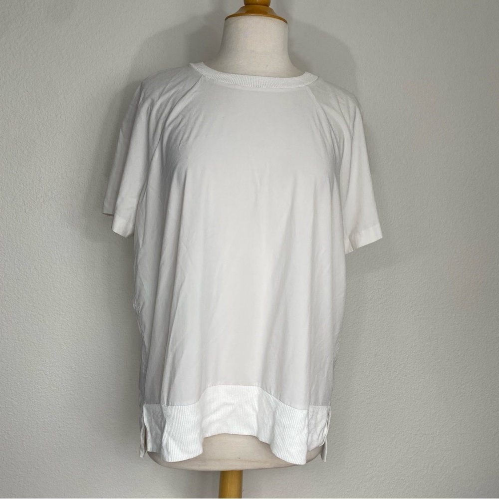 Athleta Off White Crew Boxy Mixed Media Short Sleeve Shirt Size Large Minimalist
